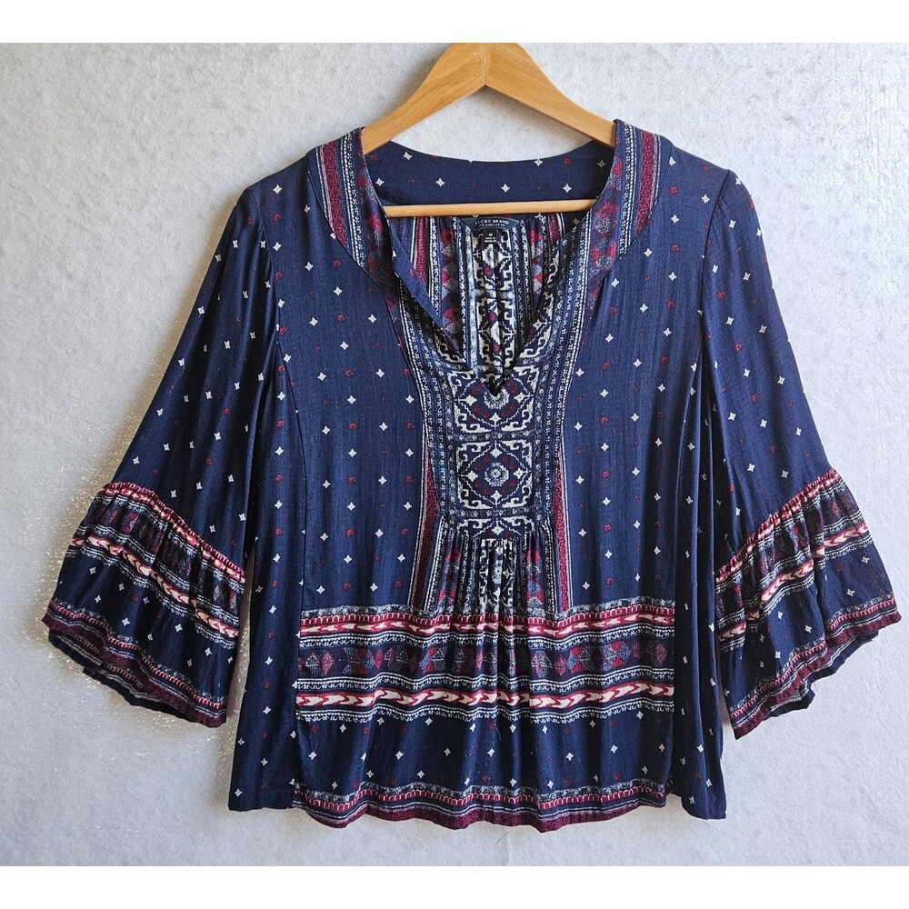 Lucky Brand Top Womens M Floral Bell Sleeve Cottagecore Boho Peasant Navy Blue